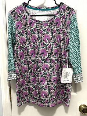NWT Cino Apparel Sundance Catalog Block Print Floral Top L